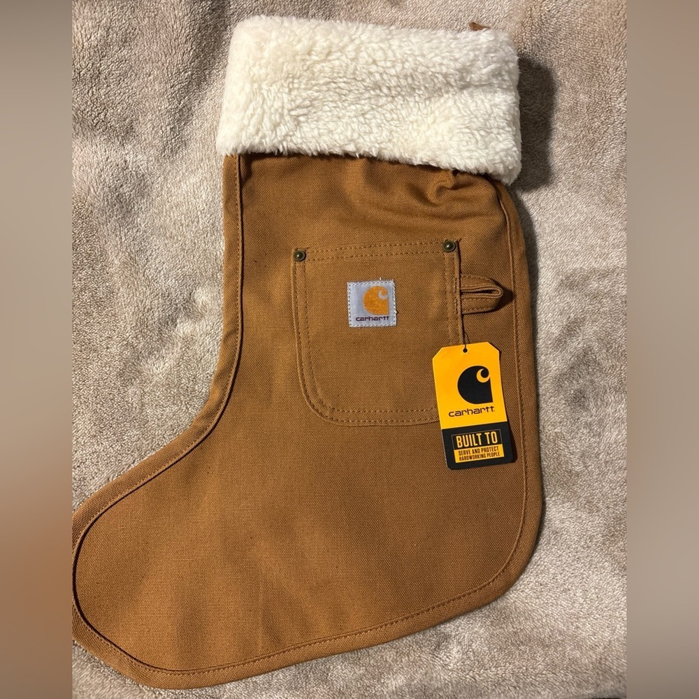 NWT Carhartt duck fabric brown tan Christmas stocking with pocket